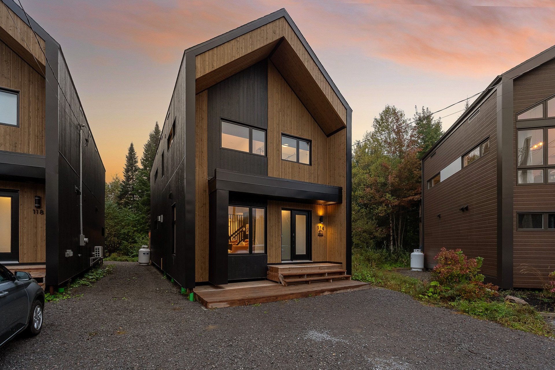 Modern architectural home with dark wood and black exterior, illuminated at dusk among similar contemporary houses in a residential development