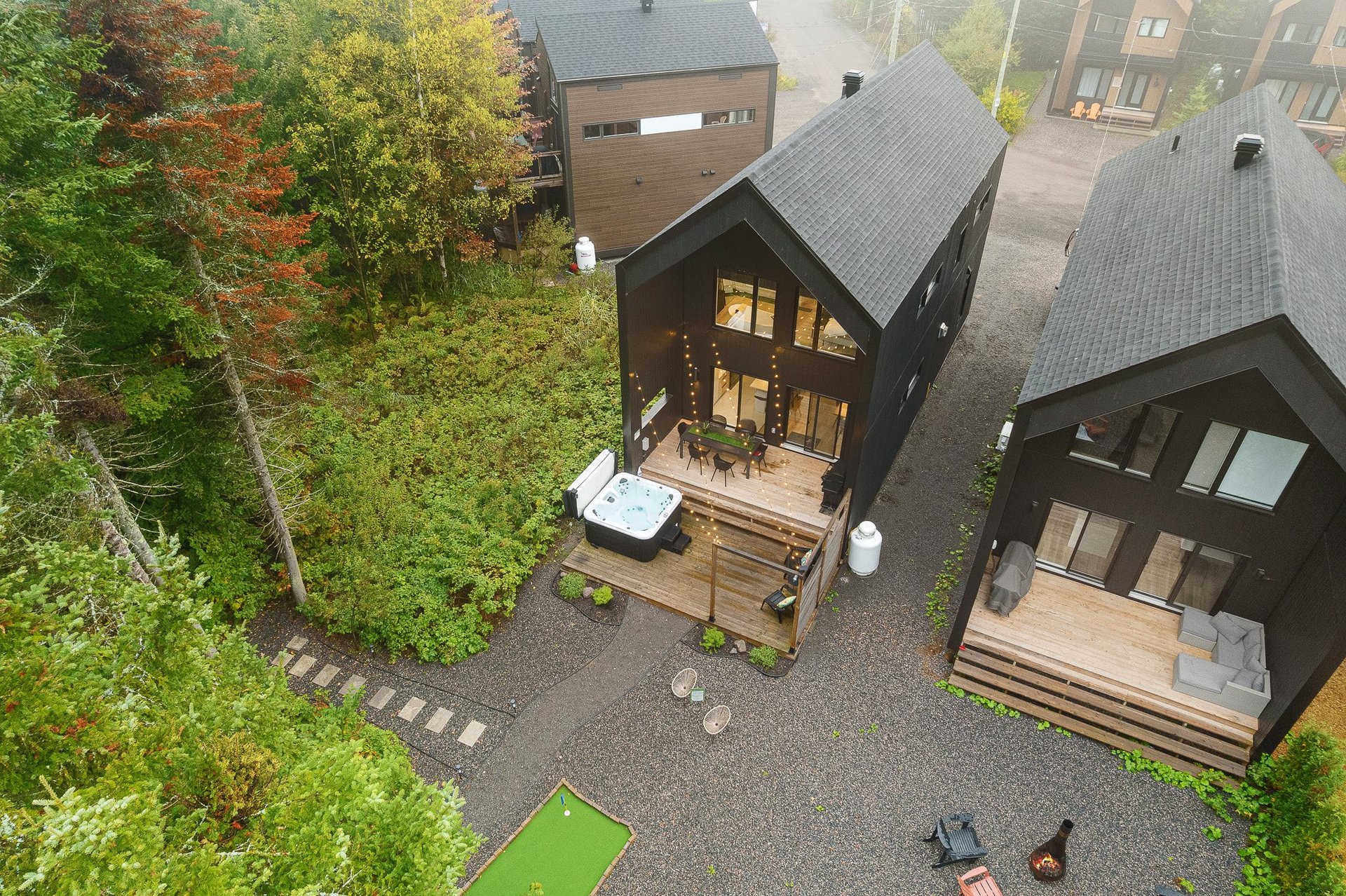 Aerial view of modern black wooden cabins with large windows nestled among green trees in a residential development